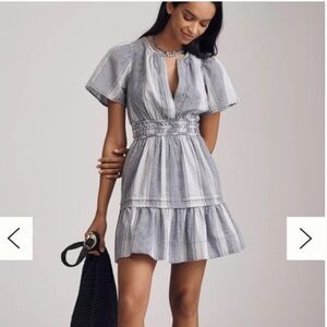 Anthropologie Somerset Dress Blue Grey White Short Sleeve Mini Gingham v neck L